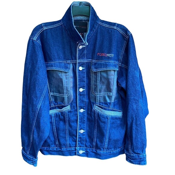 Vtg Y2K 90s Fubu Collection Denim Trucker Jacket Wax flap pocket accent Size Y/L - Picture 3 of 10